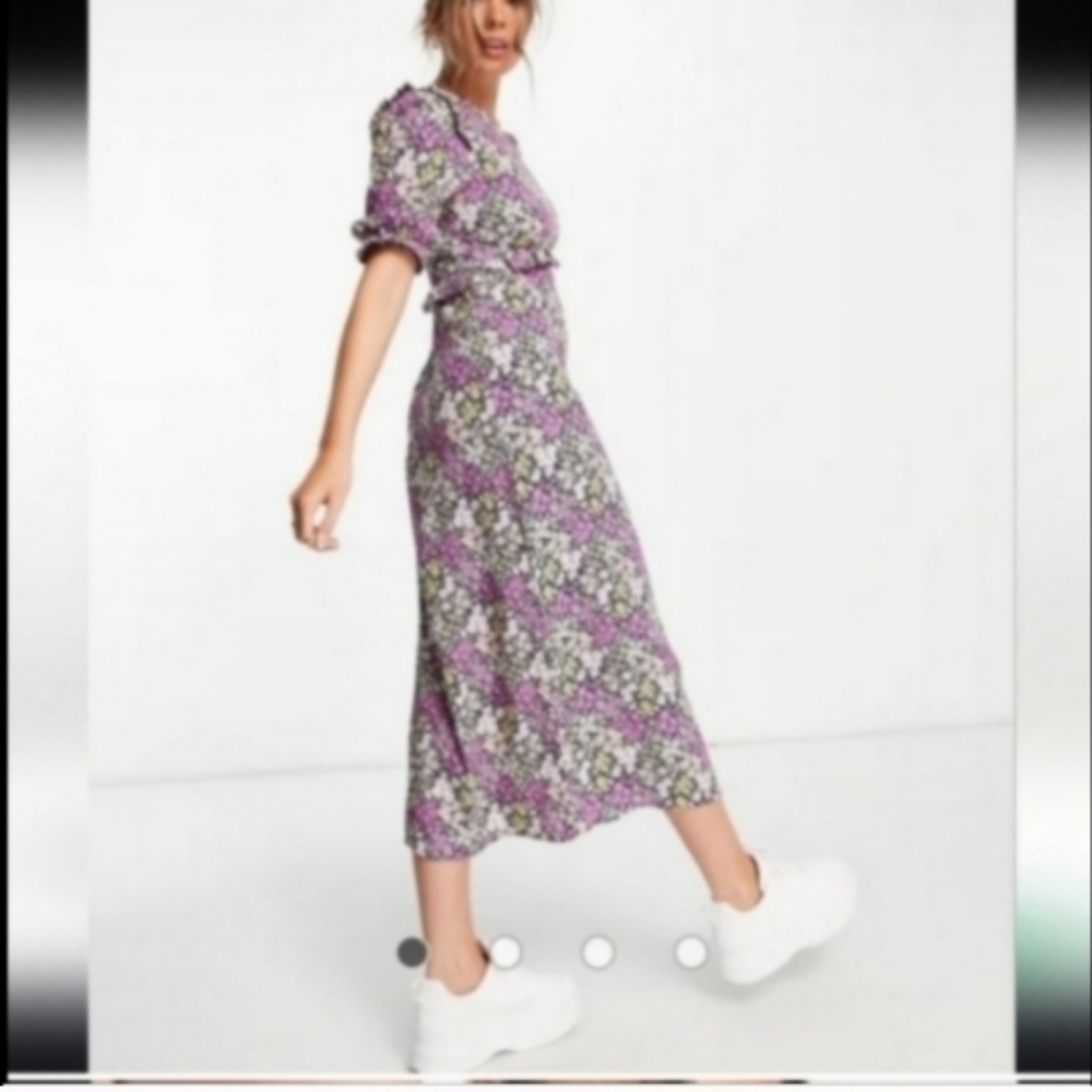 Nobody's Child US Size 6 Felicia Floral Bloom Print Midi Dress Purple Ruffle
